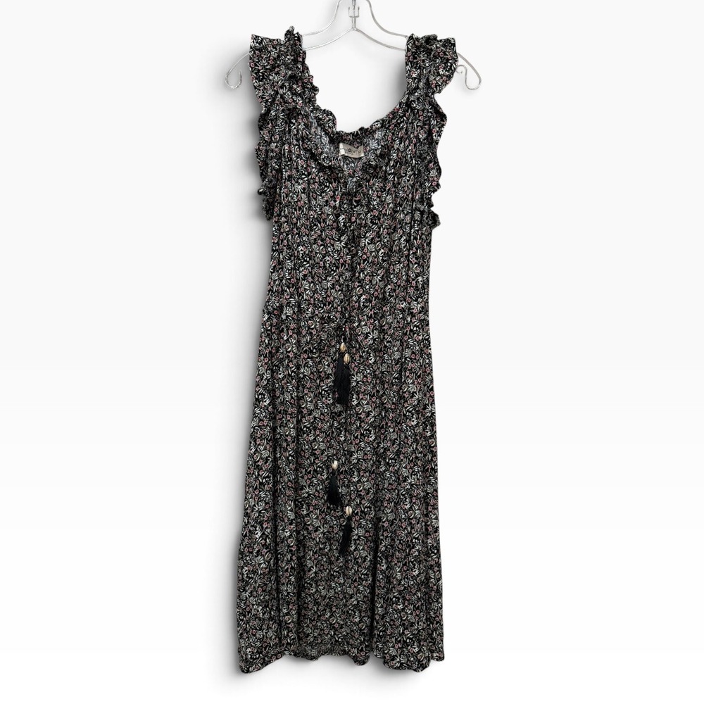 Natural Life XL Floral Ruffle Tassel Midi Dress Black Pink Boho Sleeveless